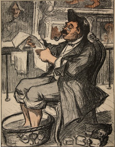 Un funzionario governativo che legge il suo giornale con un pediluvio, illustrazione da 